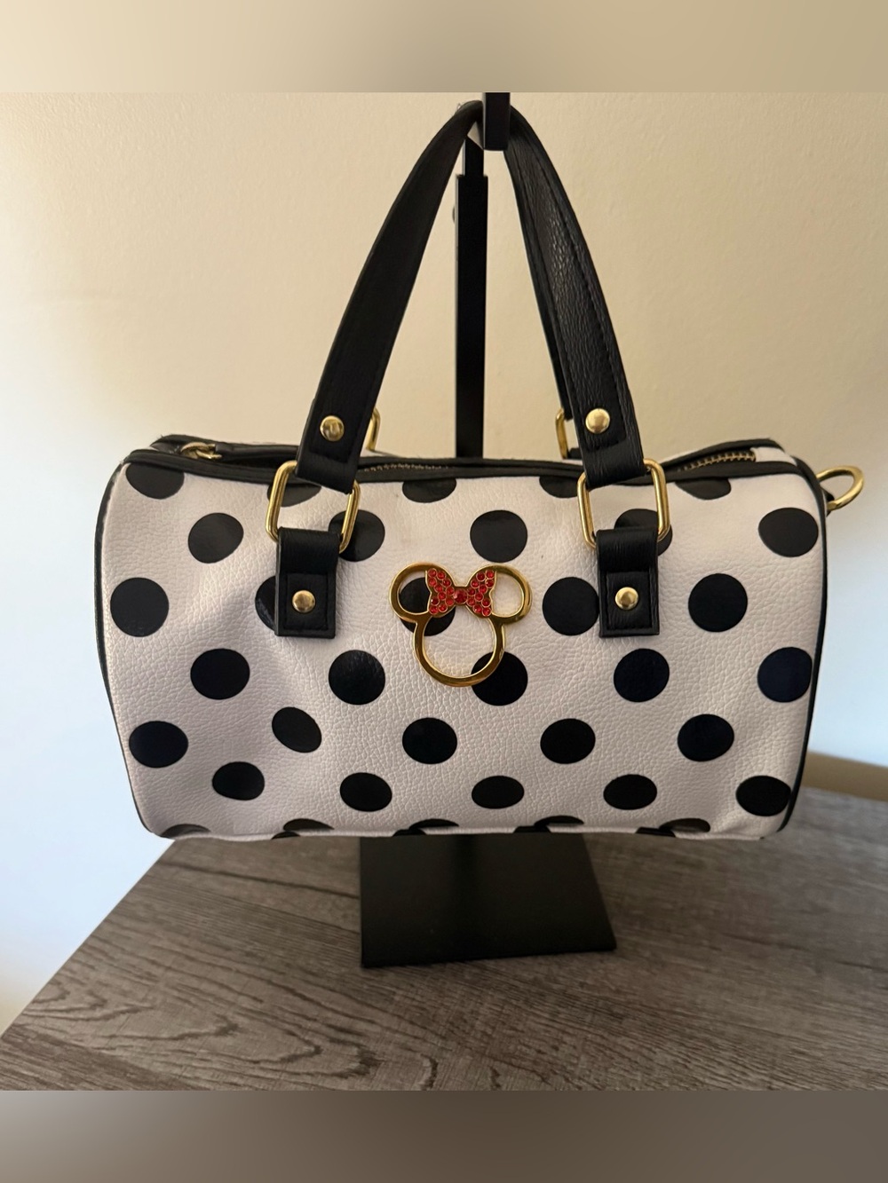 Disney Store Minnie Mouse Polka Dot Satchel Handbag Black White Shoulder Strap